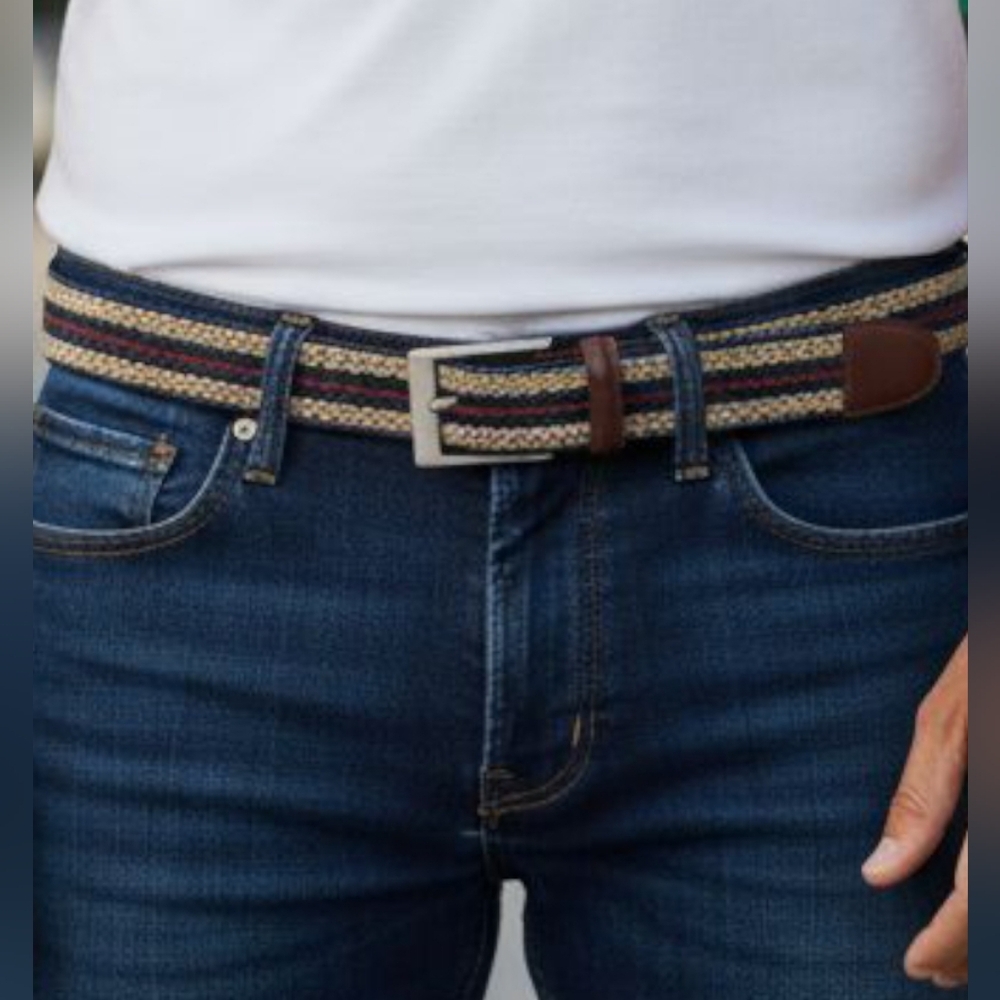 Brighton - Men's Tri-Colored Woven Belt, Brass Buckle, Leather Ends